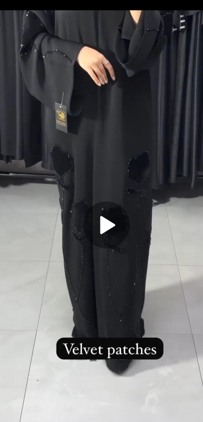 Black on black velvet patchwork abaya